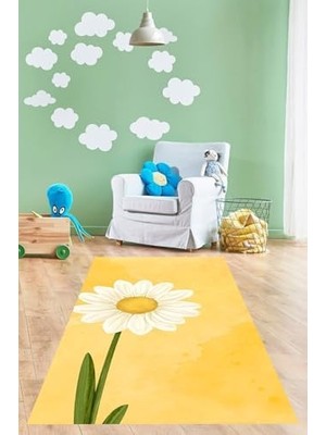 Pelangi Sarı Zemin Papatya Desenli Yıkanabilir Kaymaz Taban Leke Tutmaz Çocuk Odası Halısı, Sarı 160 x 300, 9076420245160300