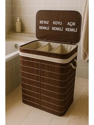 Lüks Bambu 3 Bölmeli Çamaşır Kirli Sepeti 52X32X60CM Büyük Boy 100 Lt (Kahverengi)