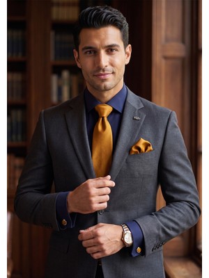Exve Exclusive Lacivert Duble Manşet Slim Fit Gömek ile Hardal Kravat, Kol Düğmesi ve Mendil 4'lü Hediyelik Kutulu Set