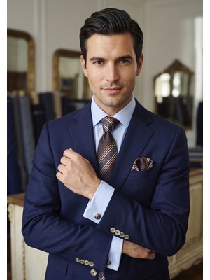 Exve Exclusive Mavi Duble Manşet Slim Fit Gömek ile Kahverengi Kravat, Kol Düğmesi ve Mendil 4'lü Hediyelik Kutulu Set