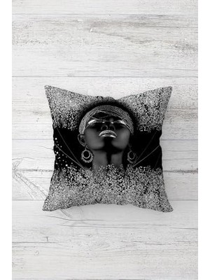 Pelangi Silver Afrikalı Kadın Çift Tarafı Baskılı Gizli Fermuarlı Yastık Kılıfı Kırlent Koltuk Yastık Kılıfı, Gri-Siyah 45 x 45