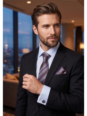 Exve Exclusive Mavi Duble Manşet Slim Fit Gömek ile Lila Lacivert Kravat, Kol Düğmesi ve Mendil 4'lü Hediyelik Kutulu Set