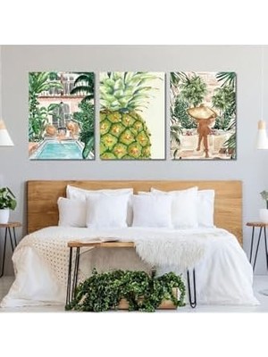3'lü Kanvas Duvar Tablosu Kadın Görseli ve Yeşil Ananas, 40 x 60