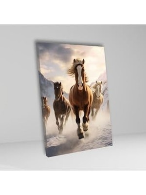 Tekli Dikey Kanvas Duvar Tablosu Koşan Atlar ve Kar Manzarası, 70 x 100