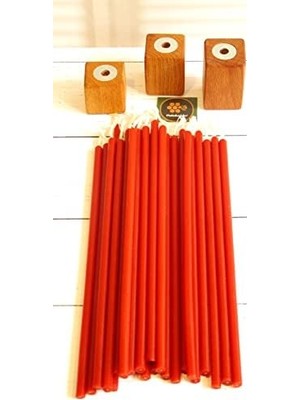 (50 Adet) Mum ve (3 Adet) Özel Dizayn Ahşap Mumluk Dilek Mumu Doğal Petek Mum Tören Parti Doğum Günü Beeswax Candle (Kırmızı)