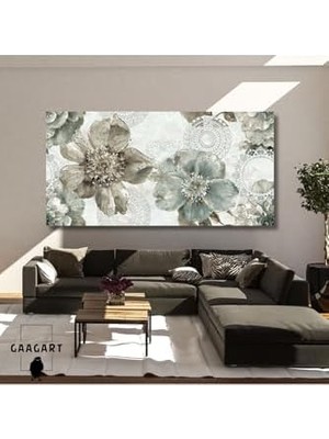 Panoramik Kanvas Duvar Tablosu Desenli Fonda Geniş Çiçekler, 120 x 60
