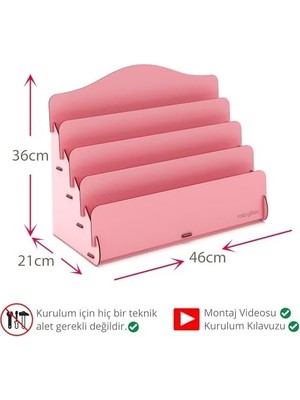 Mini Çocuk Kitaplığı 4 Raflı Ahşap Çocuk Odası Kitaplık Masaüstü Mini Kitaplık (Pembe)
