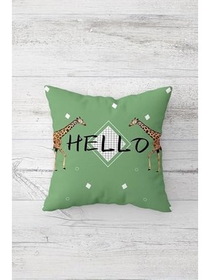 Pelangi ve Daire Desen Hello Yazılı Gizli Fermuarlı Kırlent Kılıfı Koltuk Yastık Kılıfı TAKIM(4ADET), Kahverengi-Yeşil 45 x 45