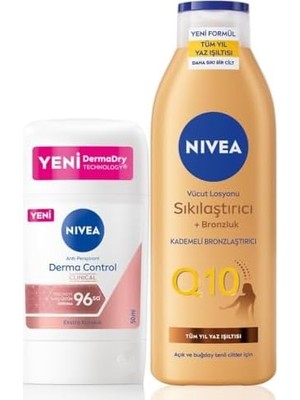 Q10 Sıkılaştırıcı Bronzluk Vücut Losyonu 200ML ve Kadın Stick Deodorant Derma Control Clinical 50ML