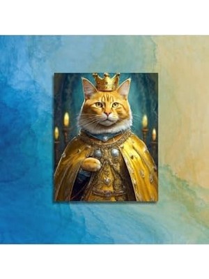 Tekli Dikey Kanvas Duvar Tablosu Kral Kostümlü Sarı Sarman Kedi 70 x 100 GARTNM7247
