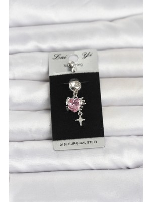 Marsilyan 316L Cerrahi Çelik Pembe Zirkon Taşlı Model Göbek Piercing TJ-PR1408