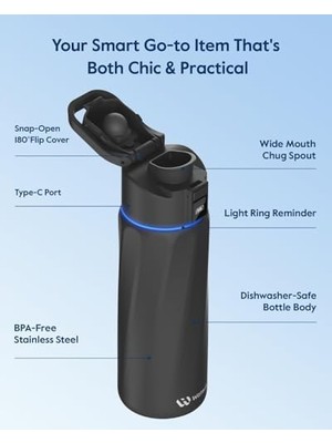 Boost Akıllı Su Şişesi, Içmeyi Hatırlatan, 24 Oz Bpa Içermeyen Paslanmaz Çelik Vakum Yalıtımlı Şişe, App ile Geniş Ağızlı Su Izleyici, Hediye Için Ideal