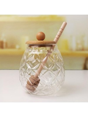 Bambu Kapaklı Cam Bal Kavanozu – 350ML | Kaşıklı & Şık Sunum Kavanozu | Doğal Ahşap Kapaklı Cam Bal Saklama Kabı