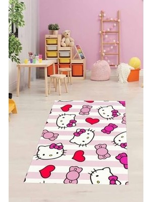 Pelangi Sevimli Kedili Kalpli Halı Dijital Baskı Yıkanabilir Kaymaz Taban Çocuk Odası Halıs, Pembe-Beyaz 130 x 180