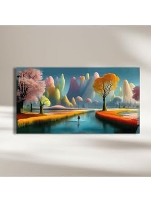 Panaromik Kanvas Tablo Yapay Zeka Renkli Ağaçlı Yol ve Insan, 120 x 60