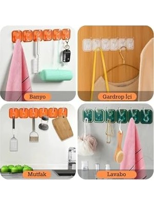 6 Kancalı Kendinden Yapışkanlı Askı Tek Parça Renkli Pratik Duvar, Banyo, Mutfak Askısı