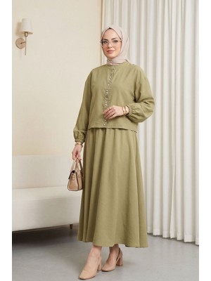 Moda Morfo Kolu Lastikli Önü İncili Düğmeli Etekli Modal Takım -Zeytin