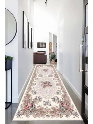 Pelangi Gül Desenli Dijital Baskı Yıkanabilir Modern Salon Halı ve Yolluk, Bej 60 x 120, 9554527601207