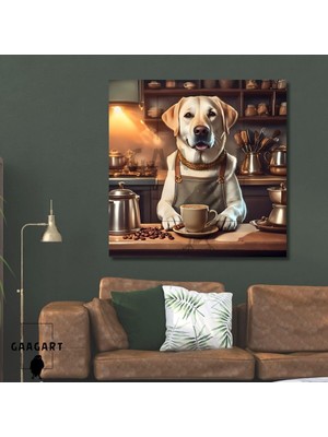 Kare Kanvas Kahve Köşesi Cafe Tablosu Barista Sarı Labrador, 50 x 50