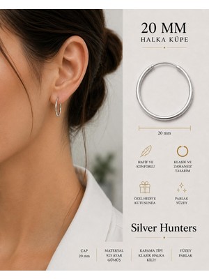 Silver Hunters Gümüş Halka Küpe 20 mm 925 Ayar Gümüş Halka Küpe 1 Çift (2 Adet)
