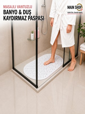 MAİN SHOP 1 Adet Beyaz Duşa Kabin Banyo & Duş Kaydırmazı & Küvet Paspası Vantuzlu Yapışır Oval Masajlı 37 x 69 cm M-142