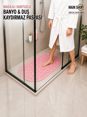 MAİN SHOP Masajlı Silikon Banyo Paspası Vantuzlu Banyo ve Duş Kaydırmazı Pembe Renk M-142
