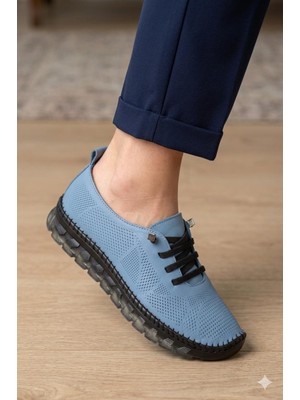 Shoemix Biocomfort Hakiki Deri Mavi Delikli Şeffaf Taban Kadın Günlük Ayakkabı