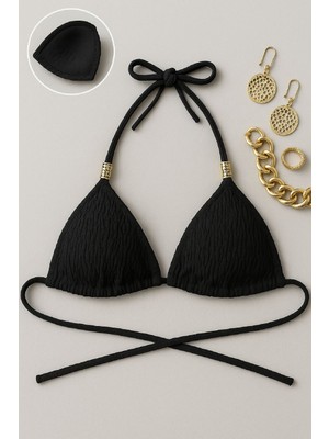 Cm Store Kadın Siyah Pedli Üçgen Bikini Üstü Halter Bağlamalı Aksesuarlı