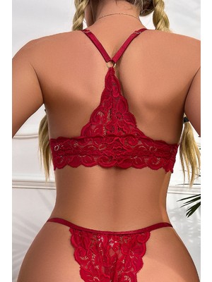 Cm Store Kadın Bordo Sırtı Dantel ve Ip Detaylı Şık Sütyen Külot Takımı