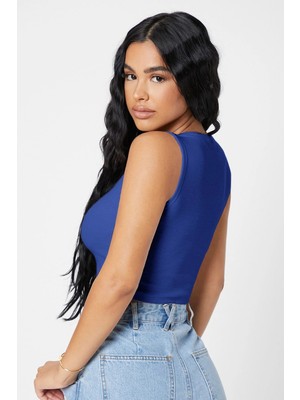 Cm Store Kadın Lacivert Kare Yaka Crop Top Bluz