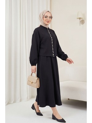 Moda Morfo Kolu Lastikli Önü İncili Düğmeli Etekli Modal Takım -Siyah