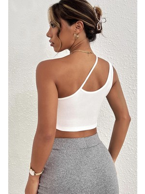 Cm Store Kadın Beyaz Tek Omuzlu Çapraz Askılı Crop Top Büstiyer