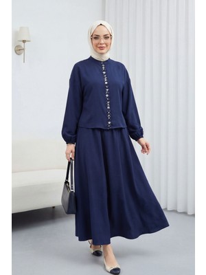 Moda Morfo Kolu Lastikli Önü İncili Düğmeli Etekli Modal Takım -Laci