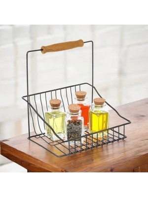 Skygo Retro Ferforje Tek Sepet, Ahşap Kulplu Mutfak Banyo Salon Ofis Düzenleyici Sepet Organizer Siyah, 20X20 cm