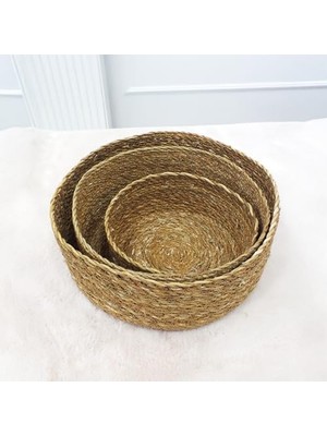 Skygo 3'lü Rustik El Yapımı Doğal Yuvarlak Hasır Düzenleyici Seti | 3'lü Hasır Yuvarlak Organizer Seti – Dekoratif, Çok Amaçlı ve Dayanıklı Sepetler (30X12CM – 25X10CM – 20X8CM)
