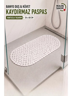 MAİN SHOP Vantuzlu Banyo ve Duş Kaydırmaz Paspası 34 x 68 cm Beyaz Renk M-130