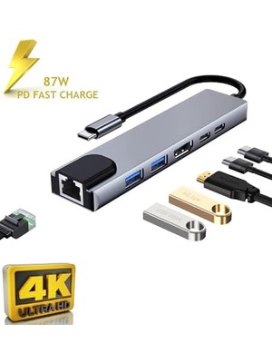 Cf-04 Uyumlu Type-C™ To 4K HDMI Tv Projeksiyon UHD 1080P 2* Type-C 3* USB Sd/tf Ethernet Lan 8ın1 Çevirici Hub Adaptör