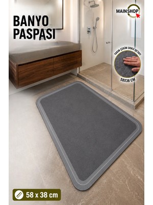 MAİN SHOP Banyo Duşakabin Önü Paspası Kaymaz Tabanlı Su Emici Paspas Yazısız Gri Model 58X38CM M-8