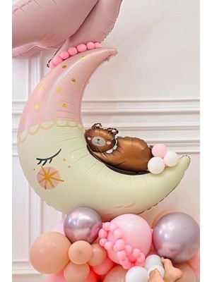 P.e.k. Ayıcıklı Ay Balon Sevimli Ayı Ay Folyo Balon Doğum Baby Shower Balonu 80CM