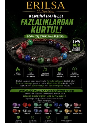 Erilsa Sertifikalı Doğal Taş Zayıflama Bilekliği 8 mm Mix Taş Ayarlanabilir Unisex - Akik Yeşim Kuvars