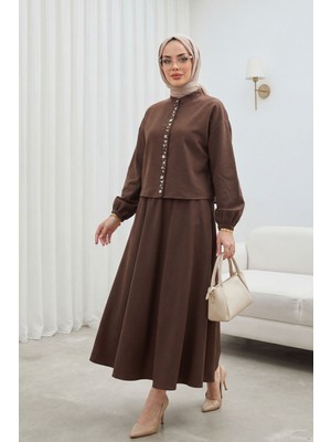 Moda Morfo Kolu Lastikli Önü İncili Düğmeli Etekli Modal Takım -Kahve