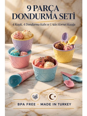 Genchome Homeware 9 Parça Dondurma Seti 4 Kap 4 Kaşık 1 Kornet Kaşığı Bpa Free Renkli Set