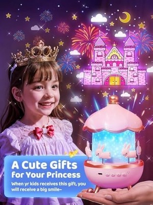 ’s Carousel Gece Lambası Projeksiyonlu Müzikli Tasarım | Kablolu 5V USB Çalışma | Tavşan Figürlü Döner Işıklı Çocuk Odası Yıldız Tavan Projektör Gece Işığı | WH-E11