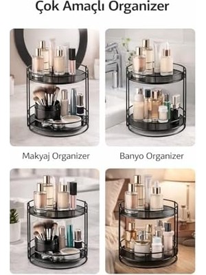 2 Katlı Makyaj Organizer – Metal Kozmetik Düzenleyici Stand | Banyo ve Makyaj Masası Için Çok Amaçlı Organizer Raf | Takı, Parfüm ve Cilt Bakım Ürünleri Için Siyah Organizer