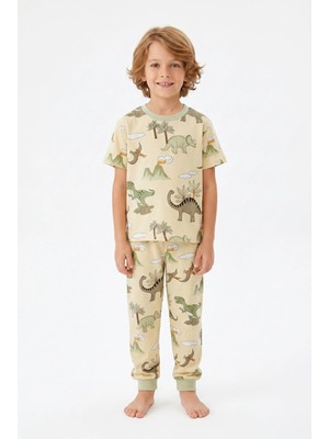 Bunny Hopp Yazlık Kısa Kollu Erkek Çocuk Pijama Takımı Safari Desenli %100 Pamuk