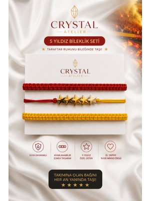 Crystal Atelier Sarı Kırmızı 5 Yıldız Taraftar Bileklik Seti Ayarlanabilir El Yapımı Makrome Unisex Şampiyon Bileklik Seti