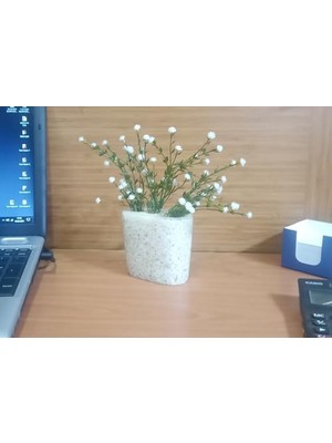 2 Adet Dahil,vazoda Çiçek,beyaz Yapay Çiçek, Dekoratif Deniz Taşı El Yapımı 10X5X14CM