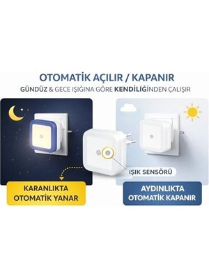 Fotoselli LED Gece Lambası Priz Tipi Sensörlü Otomatik Aç/kapanan Gece Işığı Koridor, Yatak Odası ve Çocuk Odası Için