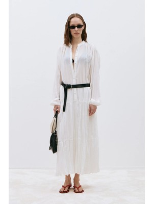 Suud Collection Ekru Muse Düğmeli Maxi Elbise