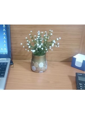 2 Adet Dahil,vazoda Çiçek,beyaz Yapay Çiçek, Dekoratif Altın Puanlı Poliresin 9X9X15CM